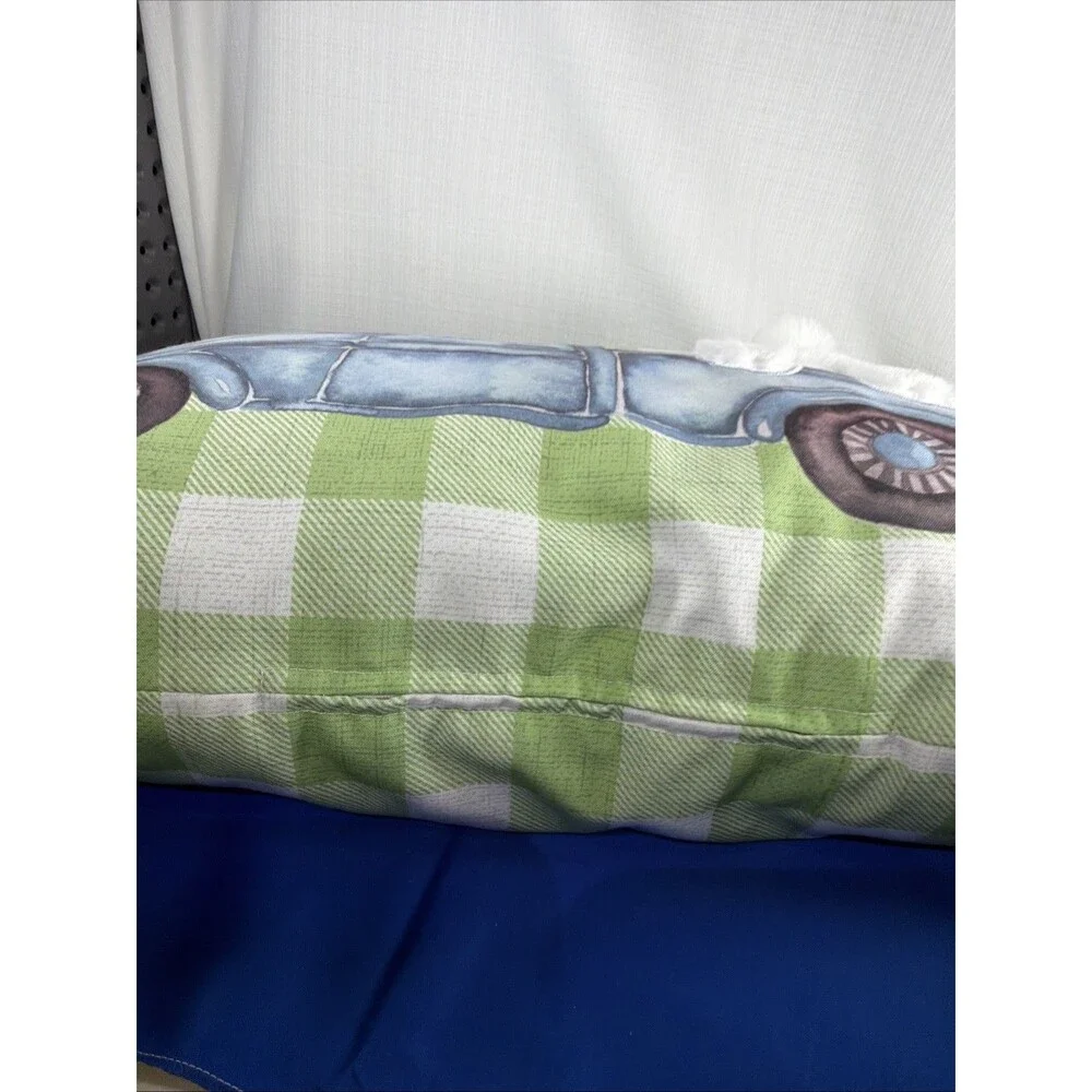 Easter Farmhouse Lumbar Pillow 22x12 Blue Truck Bunny Butt Plaid